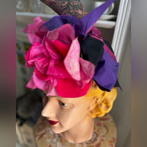 True Vintage 1940s Pink And Purple Floral And Stripe Bow Hat Fascinator main image 3